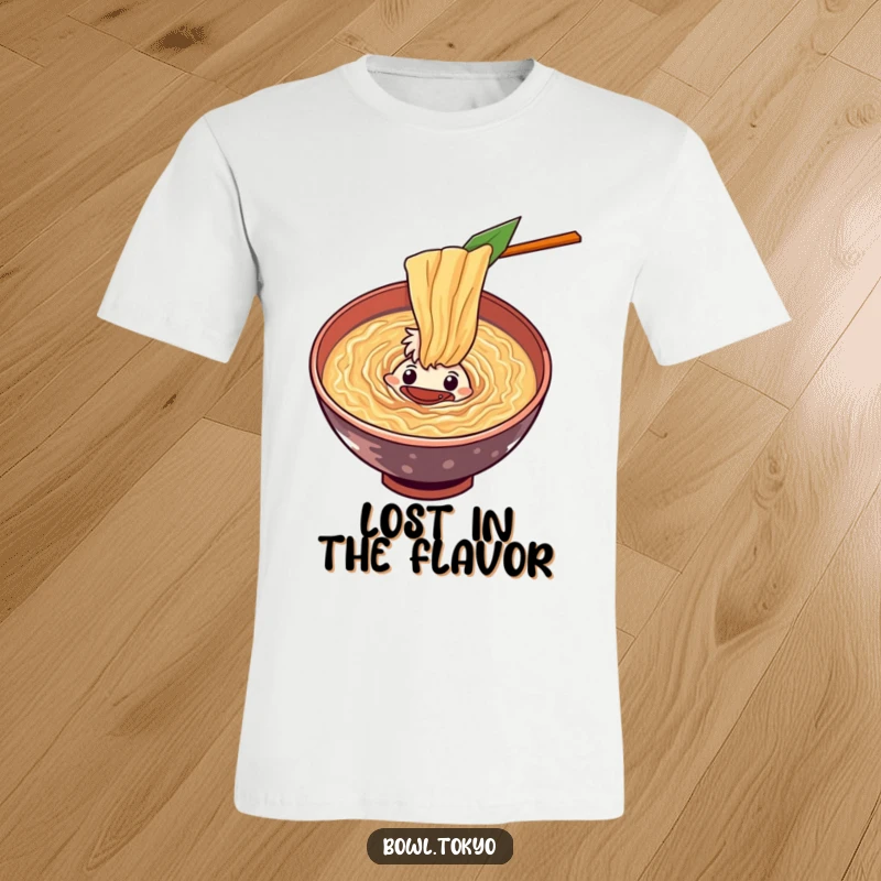 Funny curious ramen bowl t-shirt character peering into a swirling vortex of flavorful soup, a conversation-starting apparel.