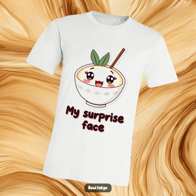 Funny kawaii ramen bowl t-shirt with a character sporting huge, surprised eyes looking upwards, conveying shock.