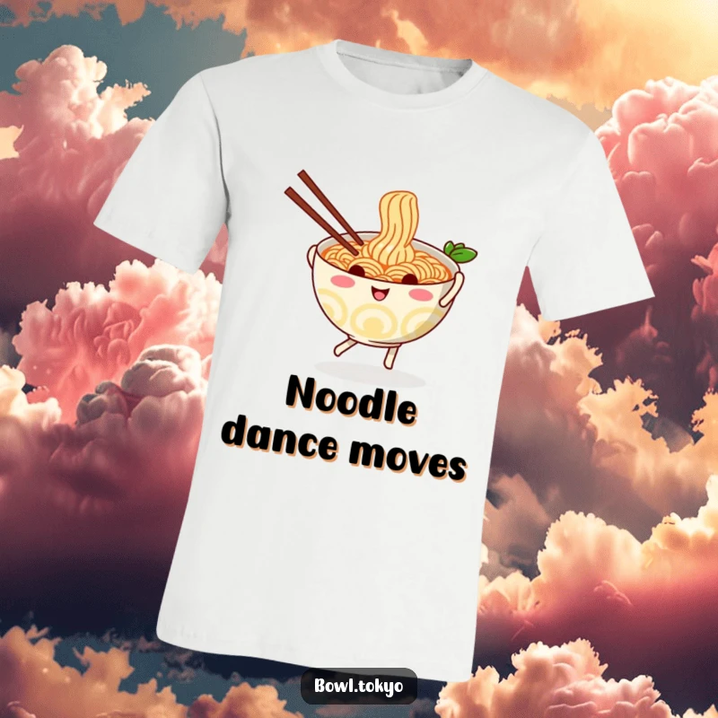 Funny playful ramen bowl t-shirt, character happily dancing with chopsticks, whimsical noodle design, comfortable and stylish attire.