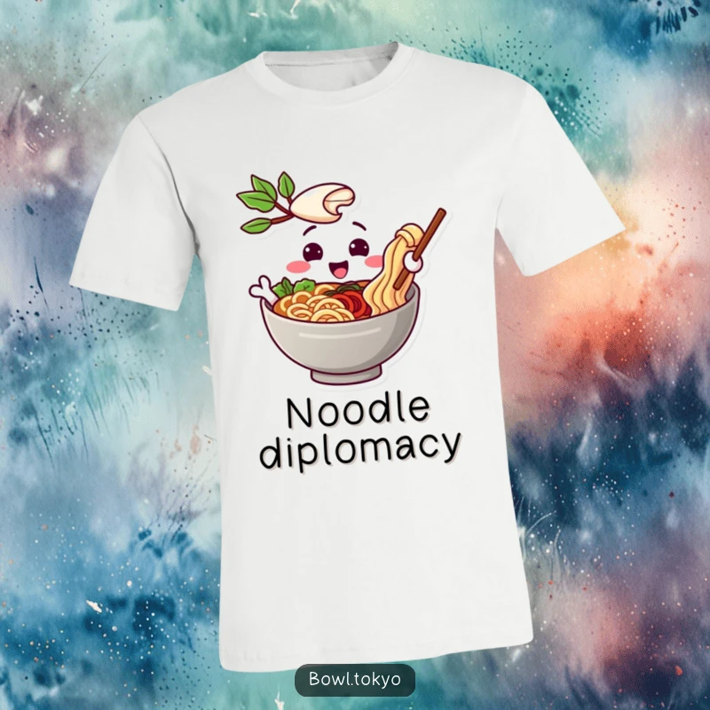 Funny t-shirt featuring a playful ramen bowl character extending a noodle invitingly, embodying friendliness and delight.