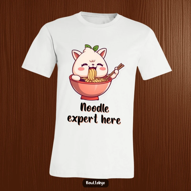 Funny t-shirt featuring a joyful anthropomorphic ramen bowl character comically slurping noodles with a gleeful and satisfied look.