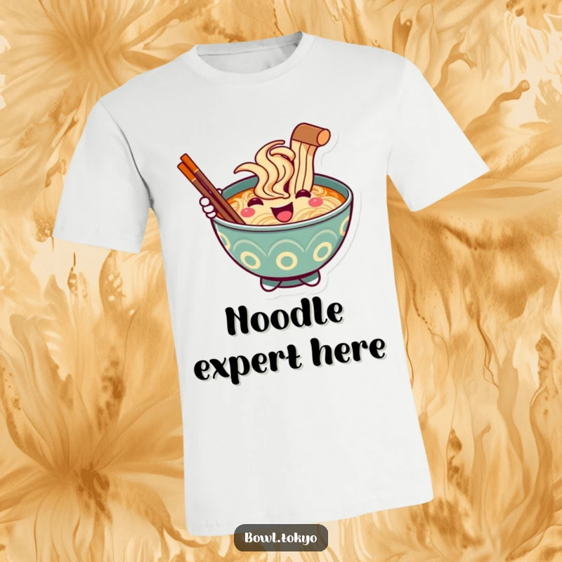 Funny Ramen Bowl T-Shirt, a smiling character holding out a chopstick in a friendly greeting gesture.