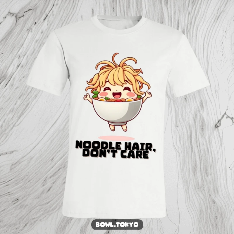 Funny T-Shirt showcasing a joyful ramen bowl character with noodles for hair doing a happy dance, bursting with positive energy.