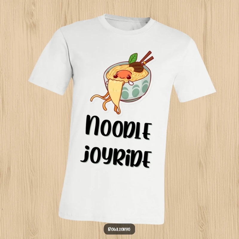 Funny t-shirt showing a ramen bowl character with a joyful expression expertly sliding down a noodle string.
