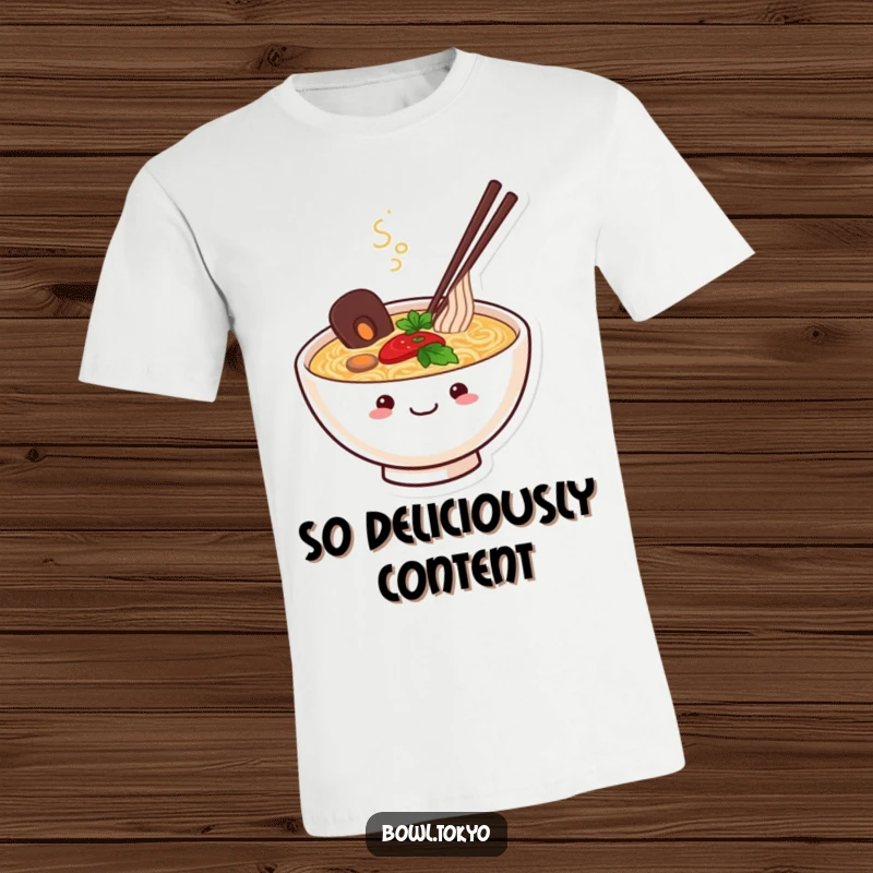 Funny Ramen Bowl T-Shirt showing a happy, smiling character with steam rising, embodying pure contentment and a love for delicious noodles.