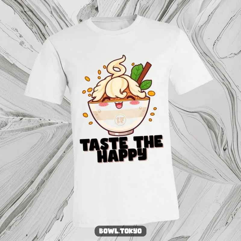 Funny t-shirt showcasing a cheerful ramen bowl character with an explosive flavor cloud, a delightful and humorous design.