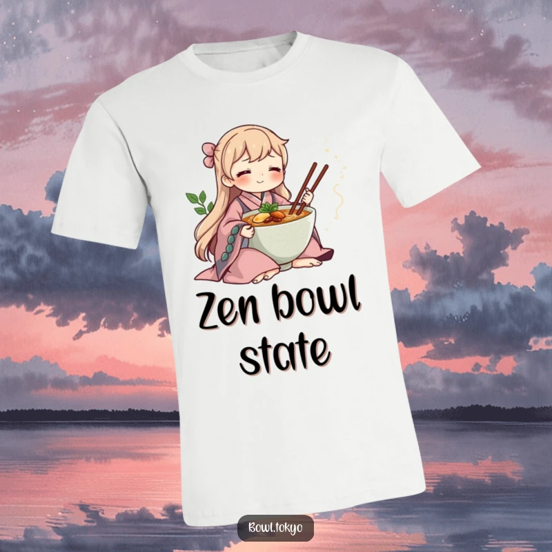 Funny ramen bowl in a flowing kimono, meditating with closed eyes, a serene and humorous t-shirt for peaceful souls.