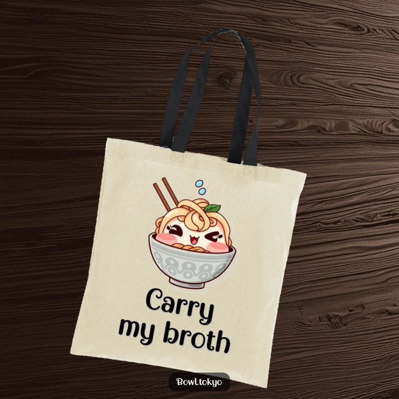 Funny tote bag featuring a cute Kawaii ramen bowl character winking mischievously and splashing, perfect for stylish and humorous carrying.