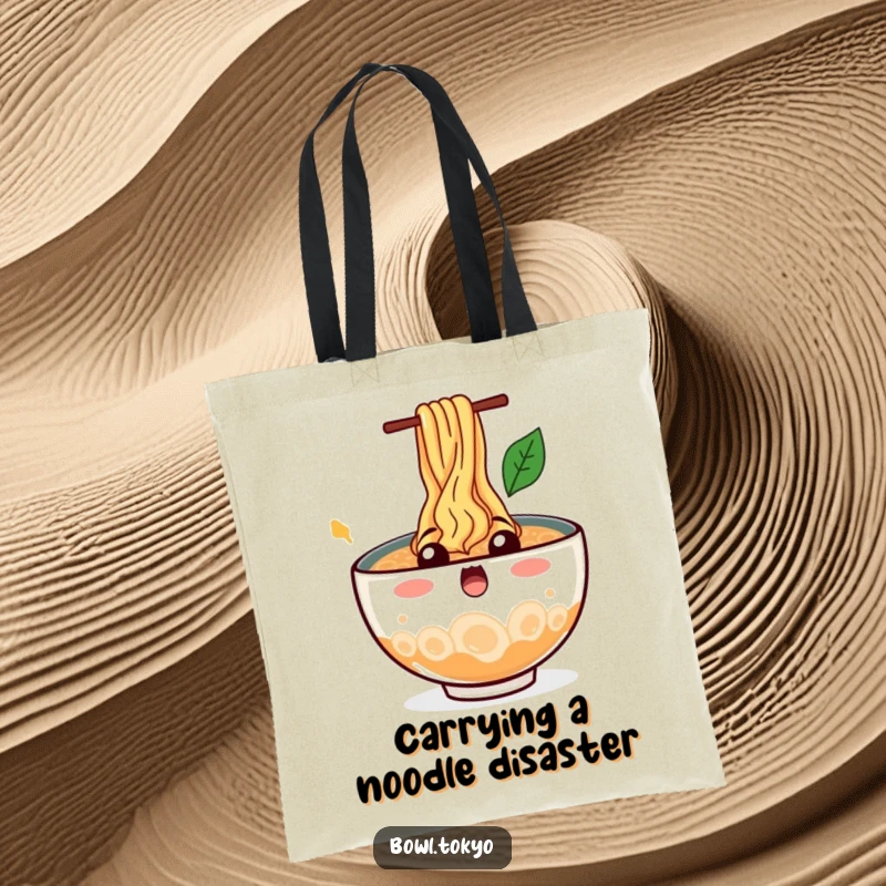 Funny Messy Ramen Bowl Tote Bag showcasing a surprised character with noodles splashing out, a hilarious and eye-catching accessory.