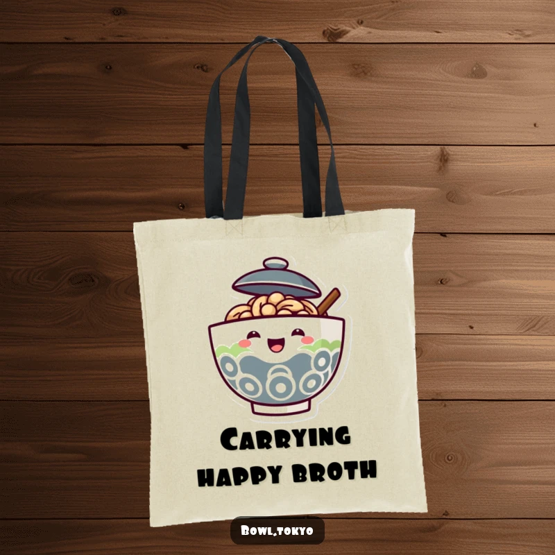 Funny Ramen Bowl Tote Bag with a lid slightly open, a joyful face peeking out with a happy expression.