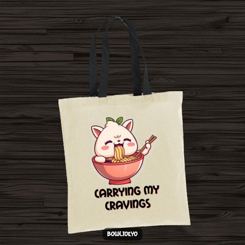 Funny tote bag illustrating an anthropomorphic ramen bowl character comically slurping noodles with a look of utter satisfaction and joy.