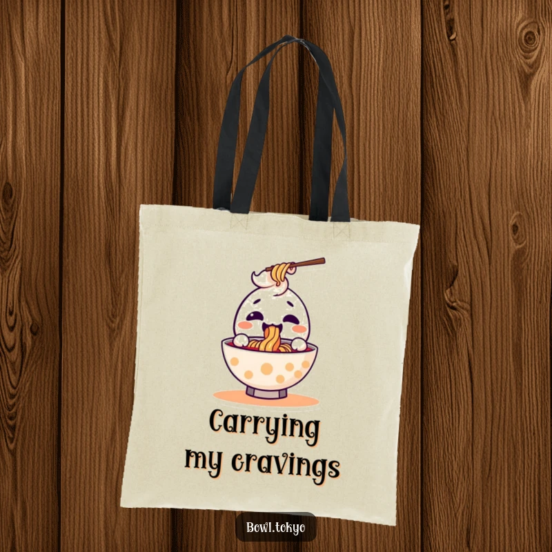 Funny kawaii ramen bowl tote bag with a joyful character joyfully slurping a noodle, perfect for carrying groceries.