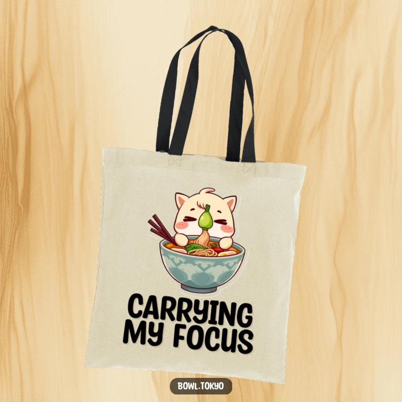 Funny Ramen Bowl Tote Bag with a character balancing a green onion, demonstrating focus and a love for noodles.