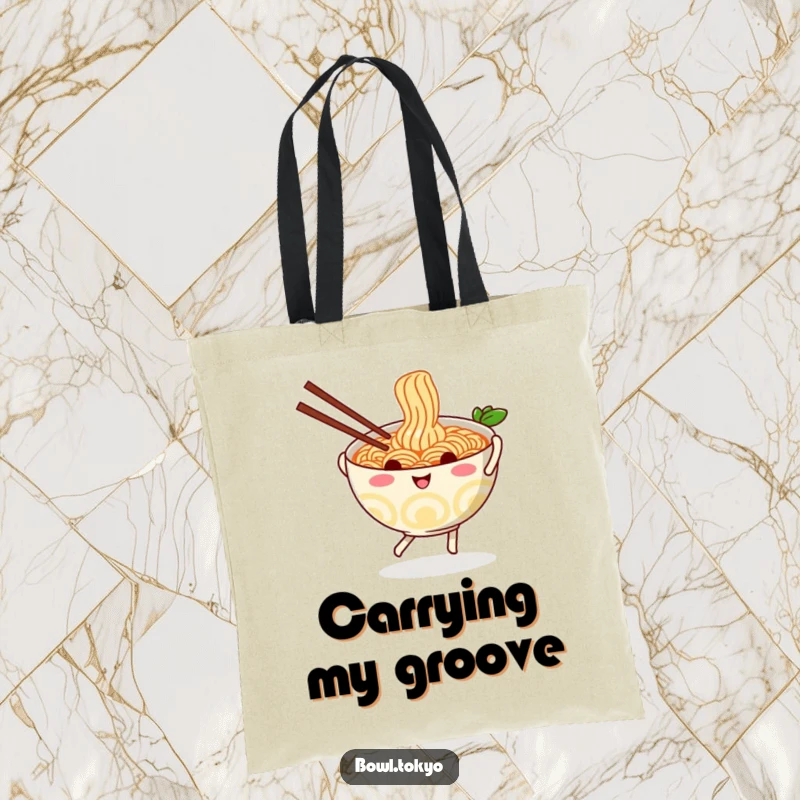 Funny playful ramen bowl tote bag, featuring a dancing noodle character with chopsticks, practical and eye-catching accessory.