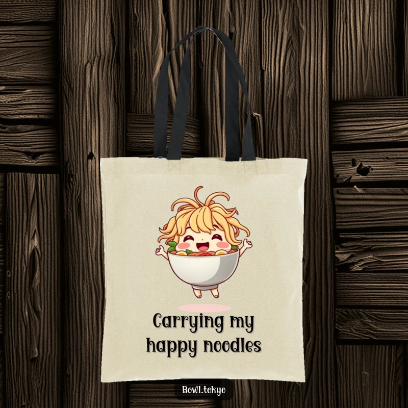 Funny Tote Bag featuring a happy ramen bowl character with noodles for hair dancing energetically, perfect for groceries or daily essentials.