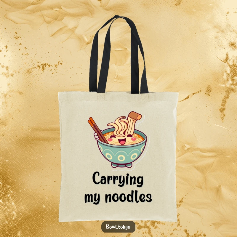 Funny Ramen Bowl Tote Bag, a smiling character extending a chopstick for a friendly hello, great for shopping.