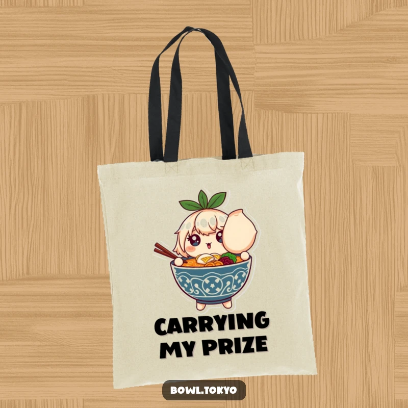 Funny tote bag with a ramen bowl character sporting sparkling eyes, holding an oversized dumpling, great for carrying goodies.