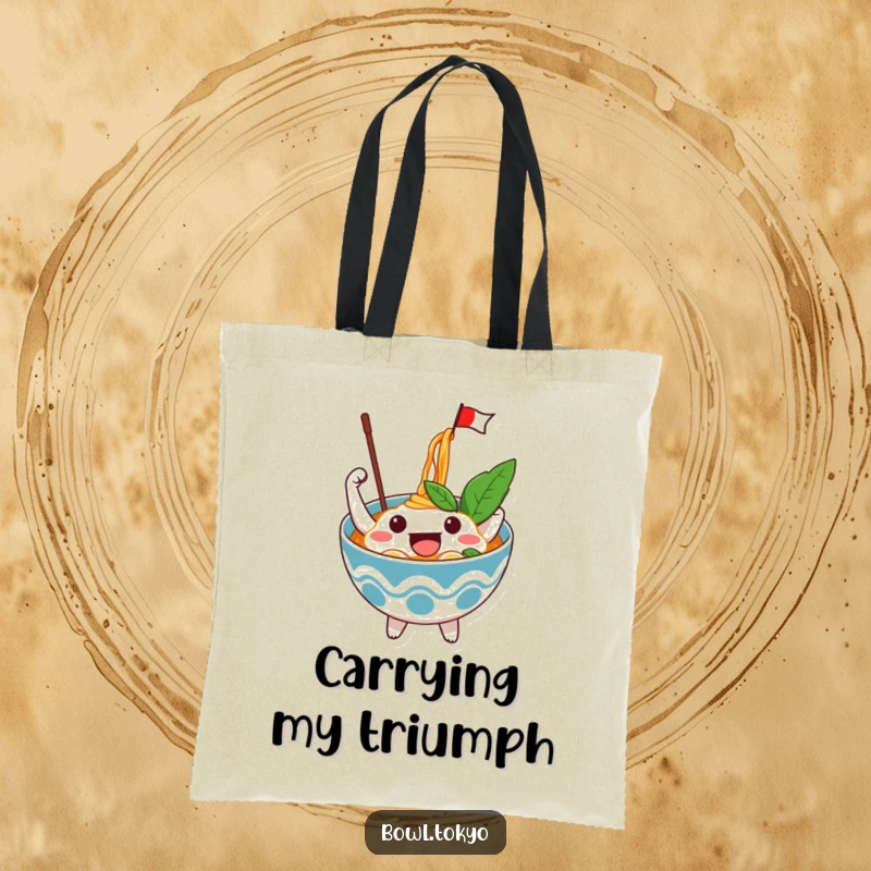 Funny Excited Ramen Bowl Tote Bag with an excited character waving a tiny flag from noodles, perfect for carrying celebratory spirit.