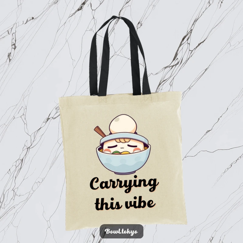 Funny Ramen Tote Bag: A sleepy ramen bowl character comically wearing a tiny egg as a hat.