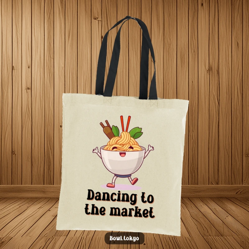 Funny happy ramen tote bag depicting a noodle bowl character doing a jolly shuffle, great for cheerful outings.