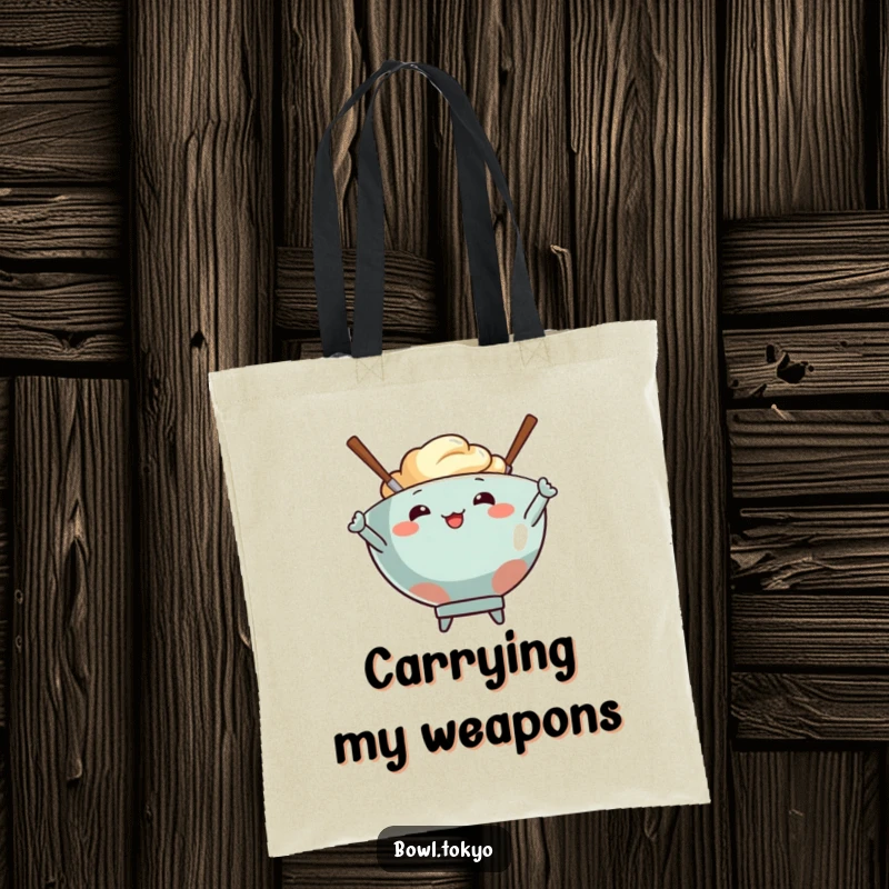 Funny tote bag with a food bowl character and two spirited chopsticks striking a confident, stylized pose.