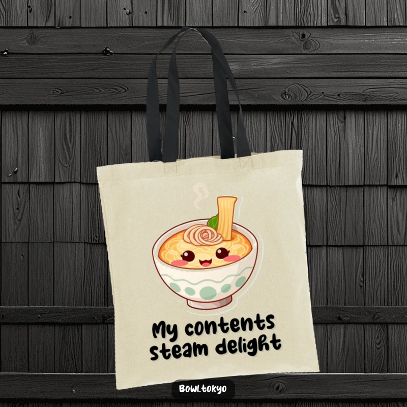 Funny Cute Ramen Bowl Tote Bag showcasing a happy noodle character with a smiling steam face, perfect for shopping.
