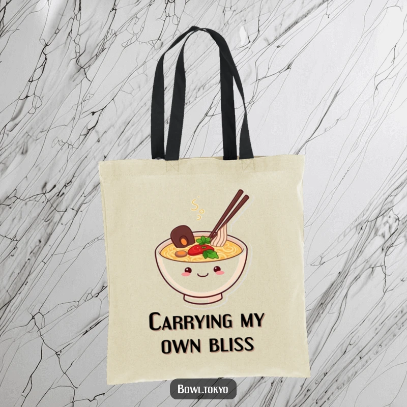 Funny Ramen Bowl Tote Bag portraying a happy, smiling character with steam gracefully rising, symbolizing joy and a love for noodles.