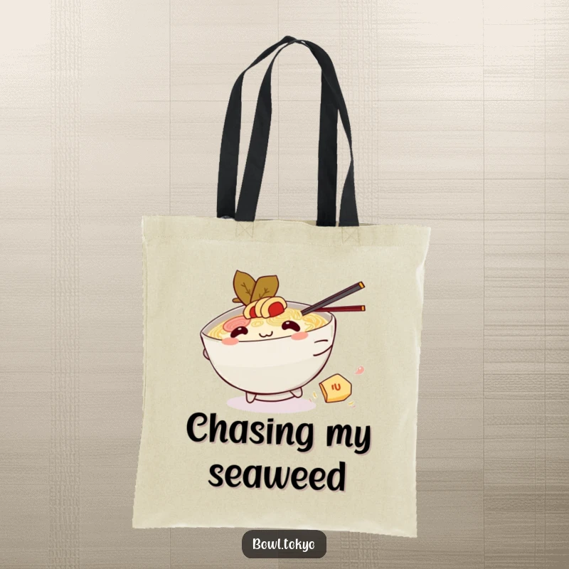 Funny Kawaii ramen bowl tote bag, character chasing nori, playful design, foodie accessory, lovely gift.