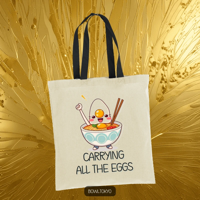 Funny Kawaii ramen bowl tote bag, character holding a perfectly cooked egg, celebrating victory, foodie humor, practical gift.