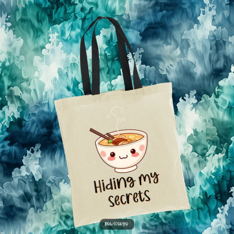 Funny cute kawaii ramen bowl tote bag with a mischievous grin peeking from steam, perfect for shopping.