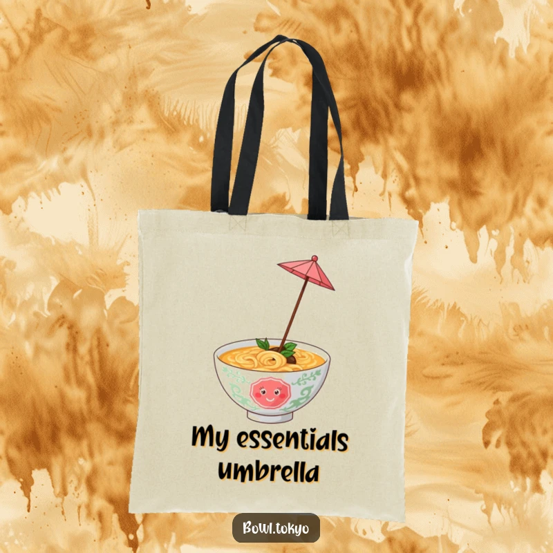 Funny ramen bowl with a tiny umbrella, twirling joyfully, a durable and humorous tote bag for daily adventures.