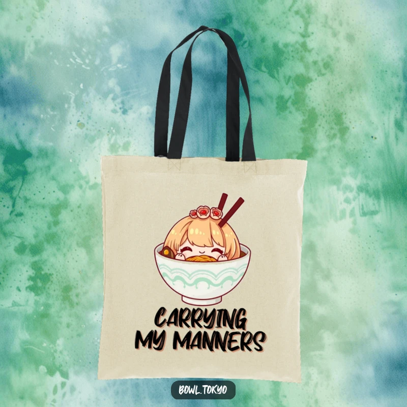 Funny ramen bowl with a decorative hairpiece, bowing politely, a durable and humorous tote bag for elegant excursions.