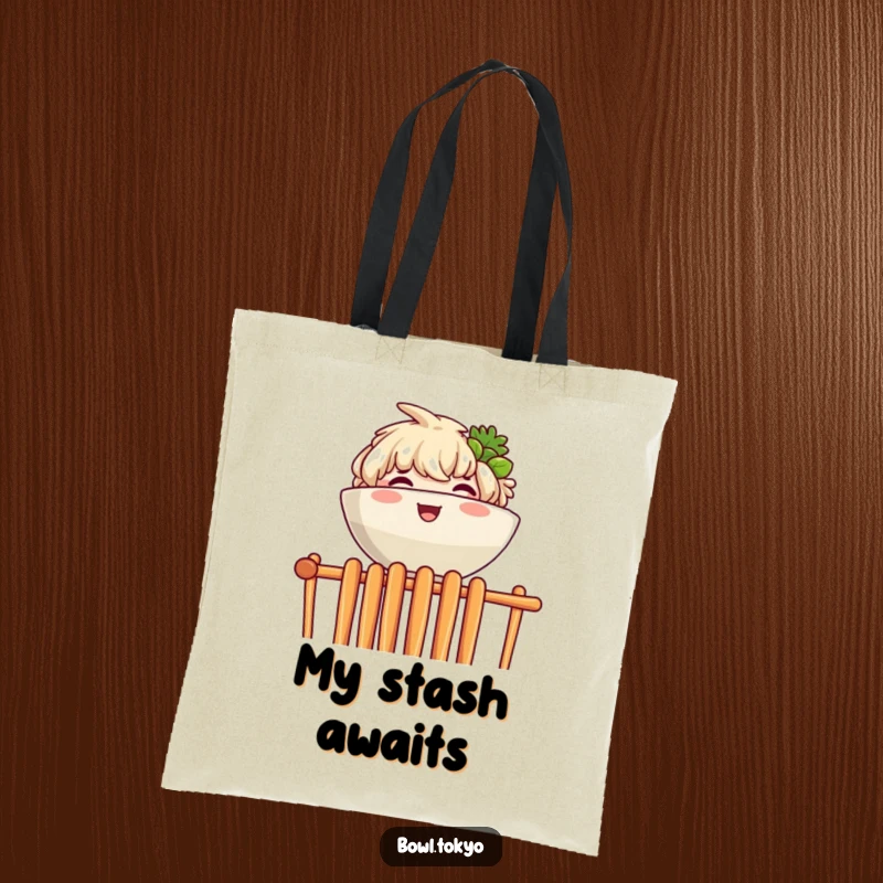 Funny tote bag with a joyful ramen bowl character peeking over a wall of chopsticks, great for carrying treasures.