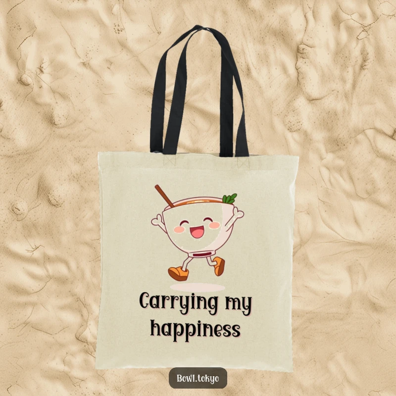 Funny ramen bowl in wooden clogs, performing an energetic leap with noodles, a durable and humorous tote for daily use.