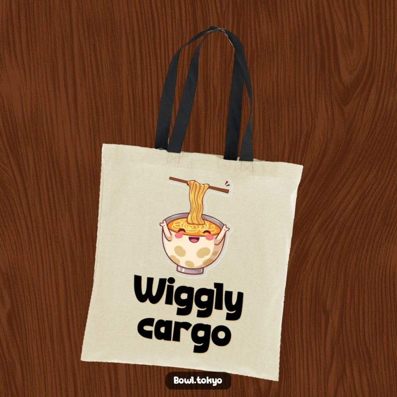 Funny tote bag showing a cheerful ramen bowl character gesturing with a pair of distinctly wiggling chopsticks.