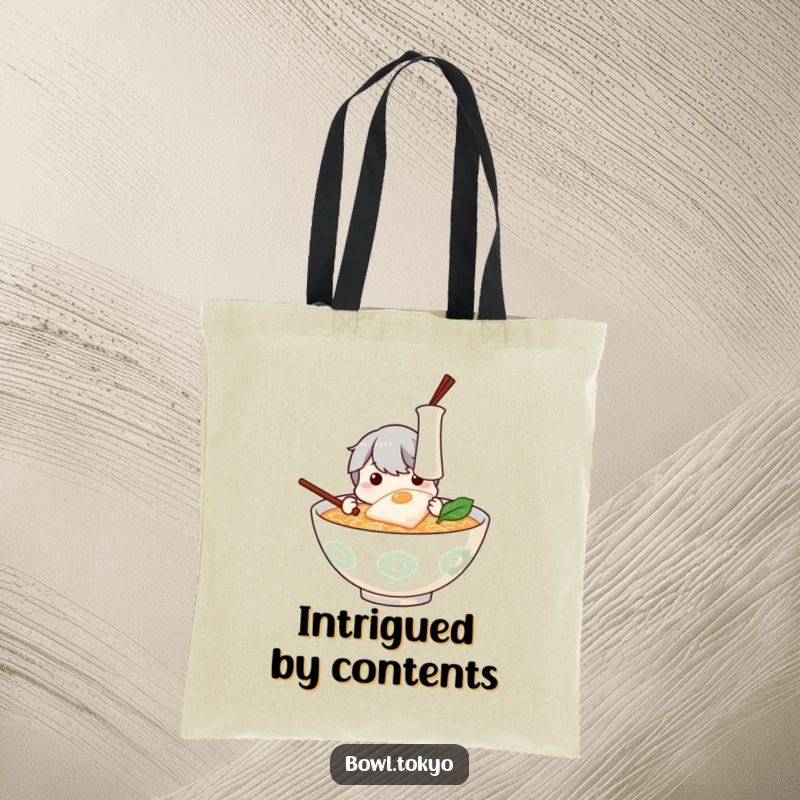 Funny Ramen Tote Bag: A curious ramen bowl character examining a floating piece of kamaboko.