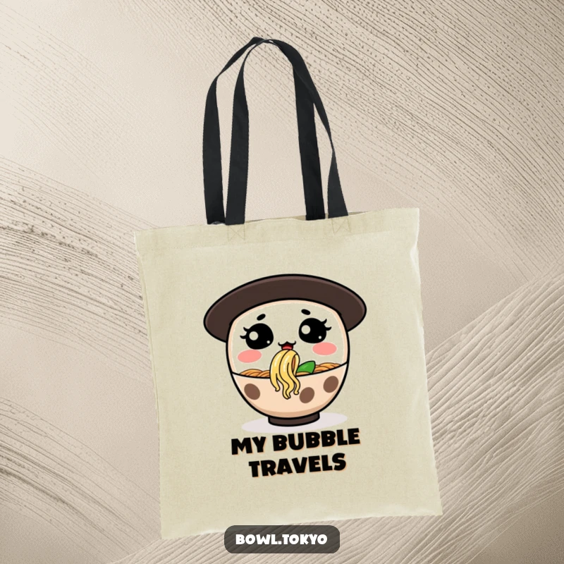 Funny tote bag with a ramen bowl character making a silly face, blowing a bubble made of noodles.
