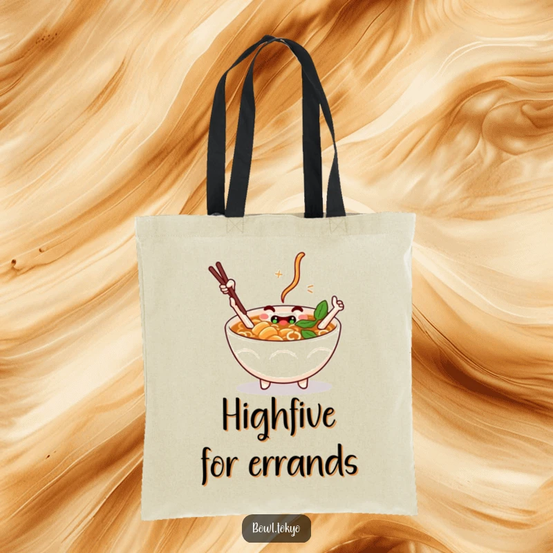 Funny Tote Bag featuring a ramen bowl character with chopstick arms giving a high-five, ideal for carrying everyday items.