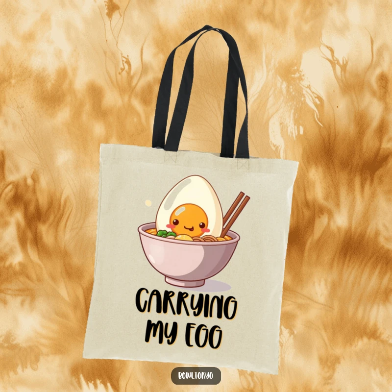 Funny Tote Bag featuring a kawaii ramen bowl character with a large, smiling egg peeking out, great for daily use.