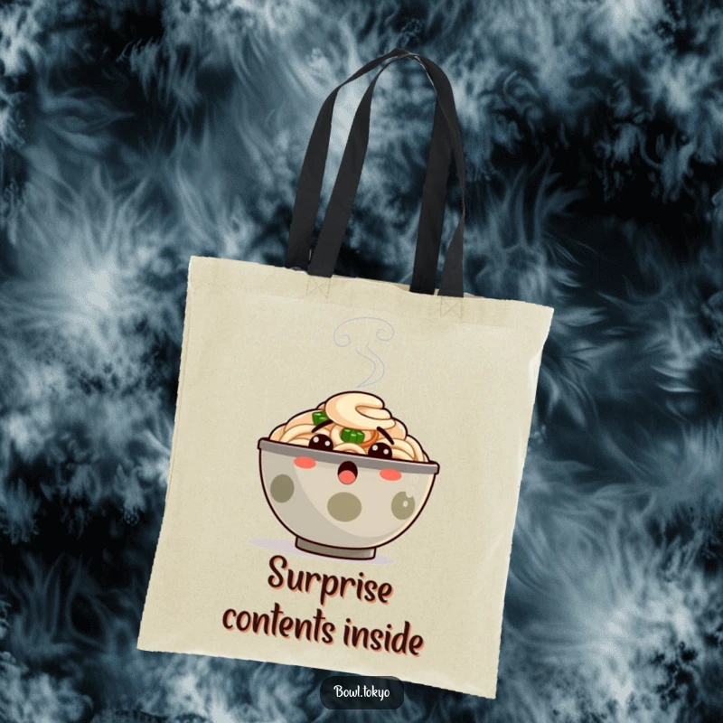 Funny Tote Bag featuring a surprised ramen bowl character with steam puffing out, ideal for carrying essentials with a comedic touch.