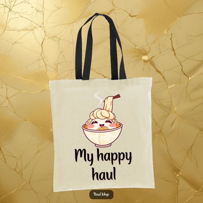 Funny tote bag depicting a smiling ramen bowl character with steam swirling upwards like joyous, infectious laughter.