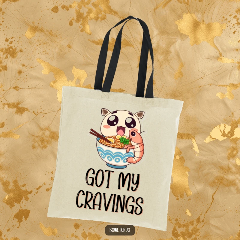 Funny ramen bowl character with wide eyes joyfully bites a colossal shrimp on this handy tote bag.