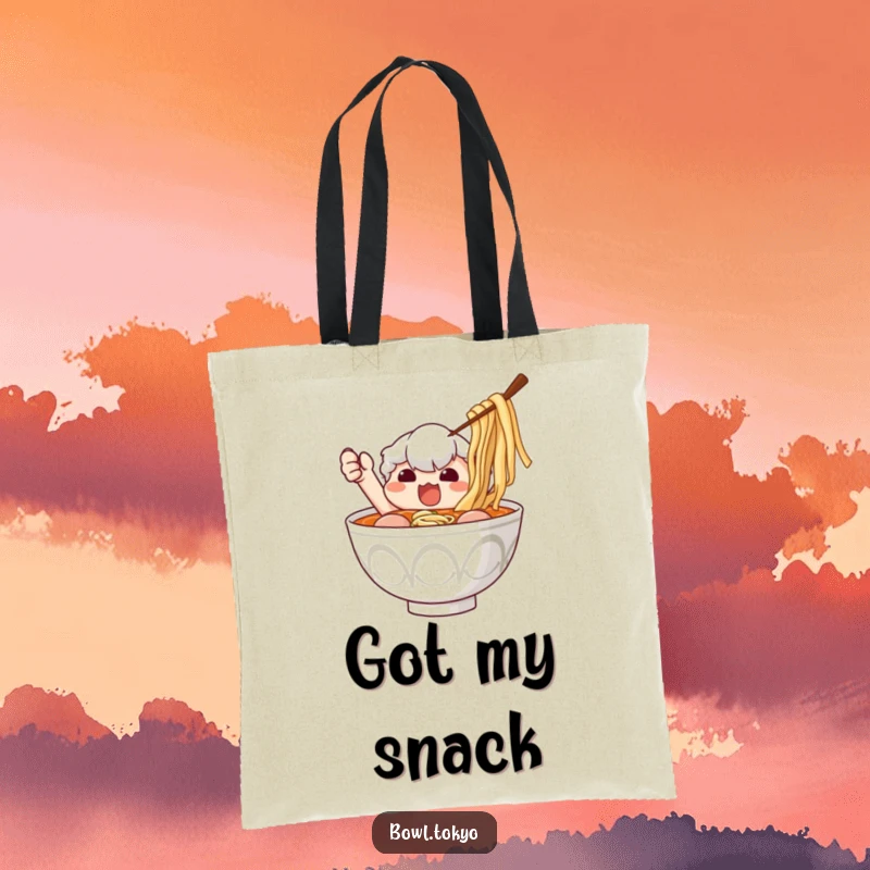 Funny Ramen Tote Bag: A determined ramen bowl character humorously reaching for a stray piece of nori.