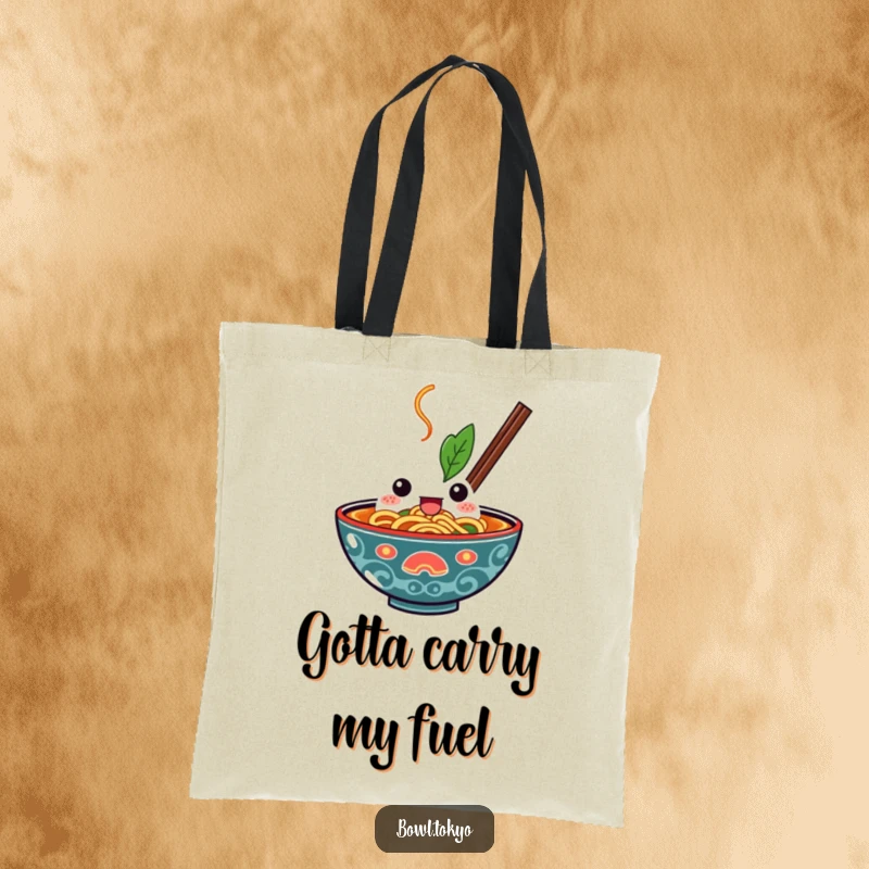Funny Kawaii Ramen Bowl Tote Bag featuring a determined character, ready to tackle errands with a bold and hungry spirit.