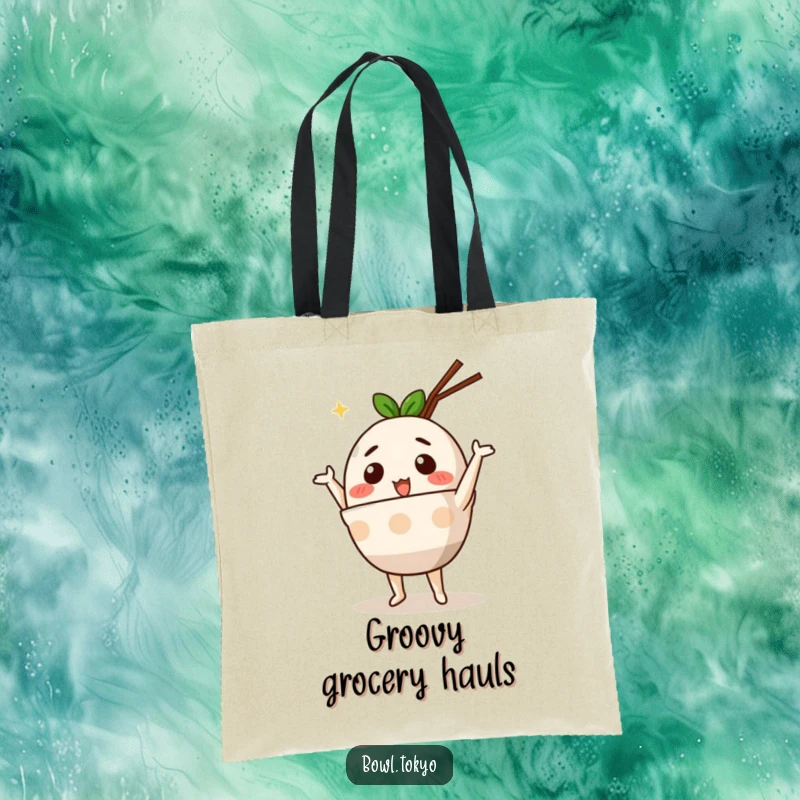 Funny Cute Ramen Bowl Tote Bag with an anthropomorphic character performing a silly dance, perfect for carrying essentials with flair.