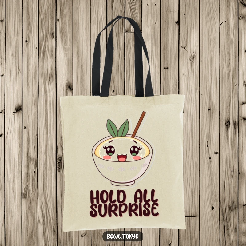 Funny kawaii ramen bowl tote bag with a character whose big surprised eyes are looking upwards, adding a comical element.