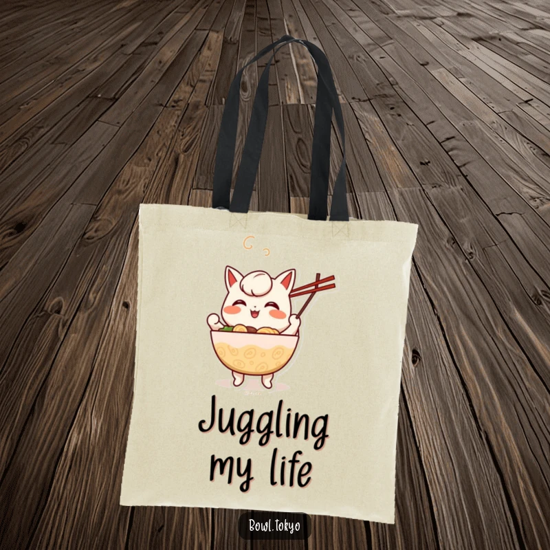 Funny cheerful anthropomorphic ramen bowl tote bag with a character happily juggling chopsticks, perfect for shopping.