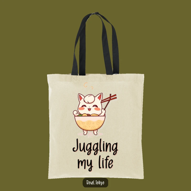 Funny Juggling Ramen Tote Bag: Cheerful Chopstick Character, Gift