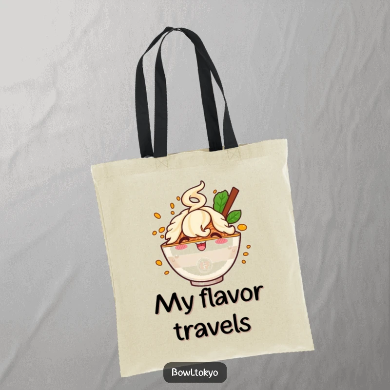 Funny tote bag illustrating a happy ramen bowl character with a dynamic flavor cloud, great for shopping and humor.
