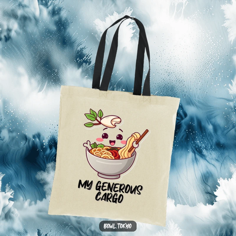 Funny tote bag depicting a playful ramen bowl character extending a noodle in a gesture of sharing and friendship.